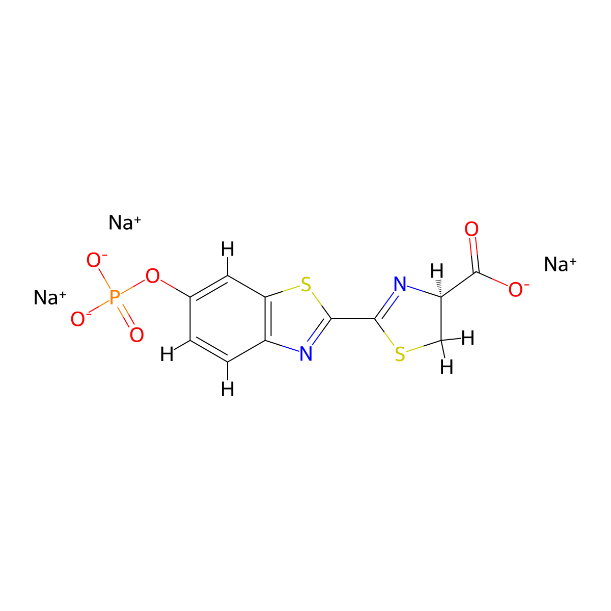 Trisodium (4S)-2-[6-(phosphonatooxy)-1,3-benzothiazol-2-yl]-4,5-dihydro-1,3-thiazole-4-carboxylate molecular structure, CAS 145613-12-3