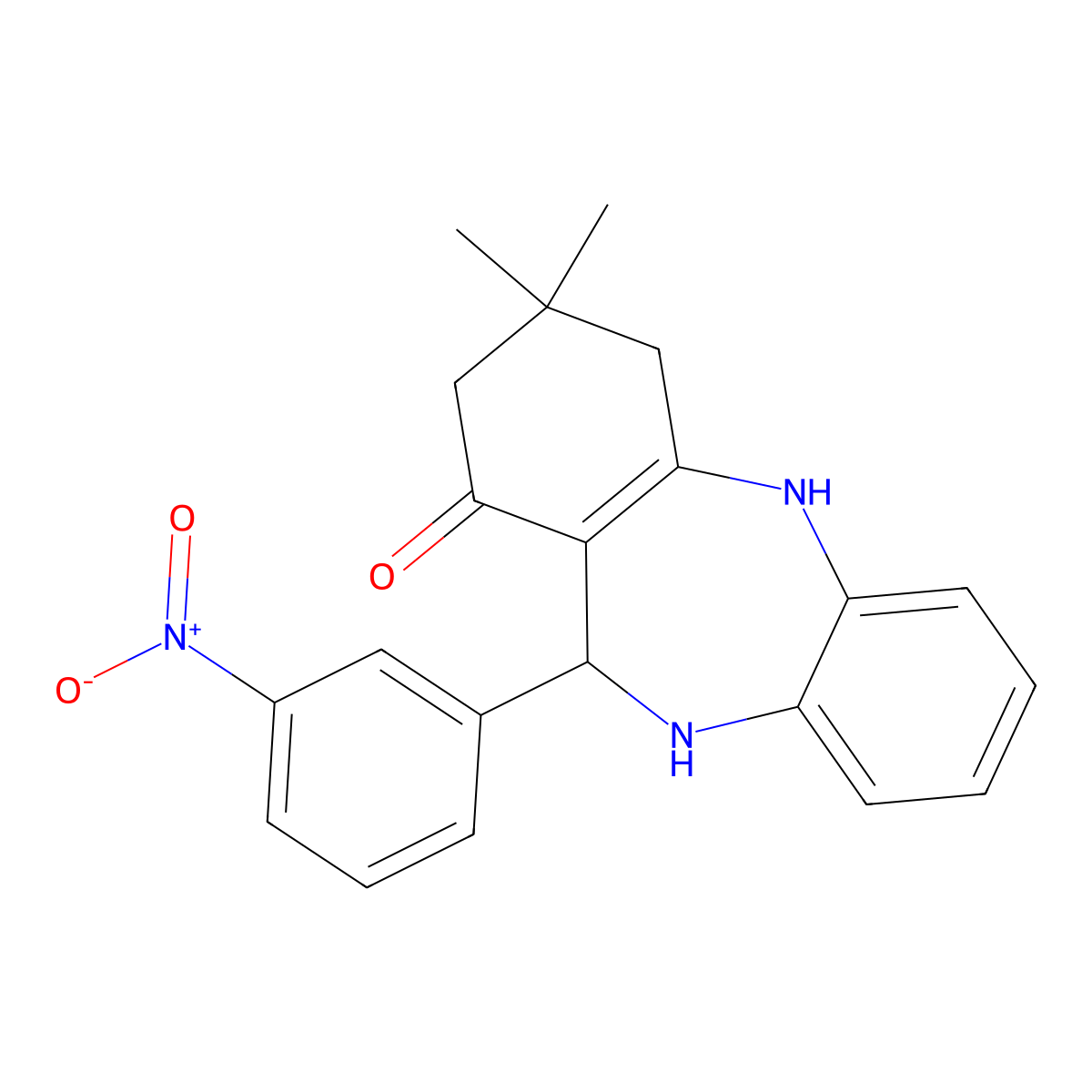 9,9-dimethyl-6-(3-nitrophenyl)-6,8,10,11-tetrahydro-5H-benzo[b][1,4]benzodiazepin-7-one molecular structure, CAS 145628-71-3