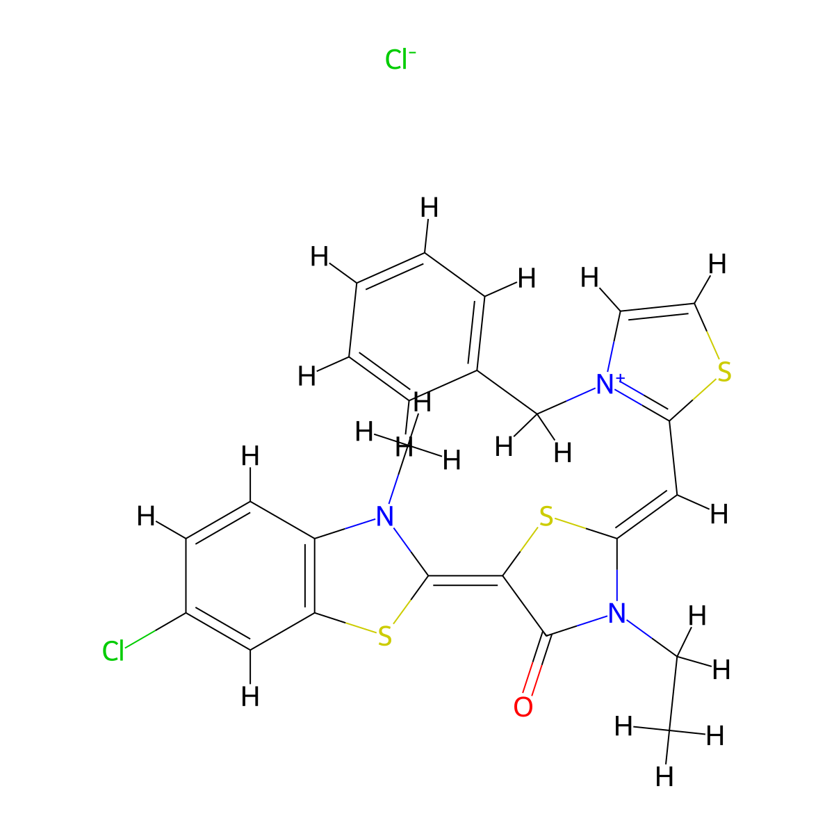 3-Benzyl-2-((Z)-((E)-5-(6-chloro-3-methylbenzo[d]thiazol-2(3H)-ylidene)-3-ethyl-4-oxothiazolidin-2-ylidene)methyl)thiazol-3-ium chloride molecular structure, CAS 1456551-16-8