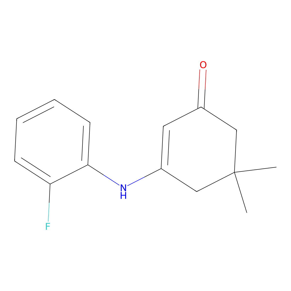 2-Cyclohexen-1-one, 3-((2-fluorophenyl)amino)-5,5-dimethyl- molecular structure, CAS 145657-36-9