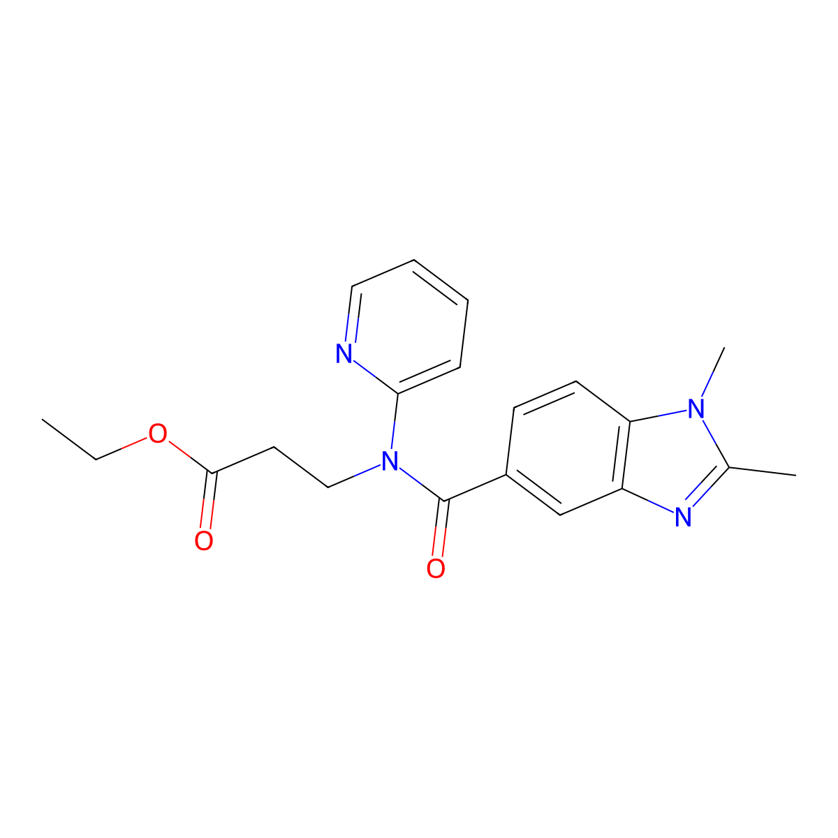 ethyl 3-(1,2-dimethyl-N-(pyridin-2-yl)-1H-benzo[d]imidazole-5-carboxamido)propanoate molecular structure, CAS 1456889-80-7