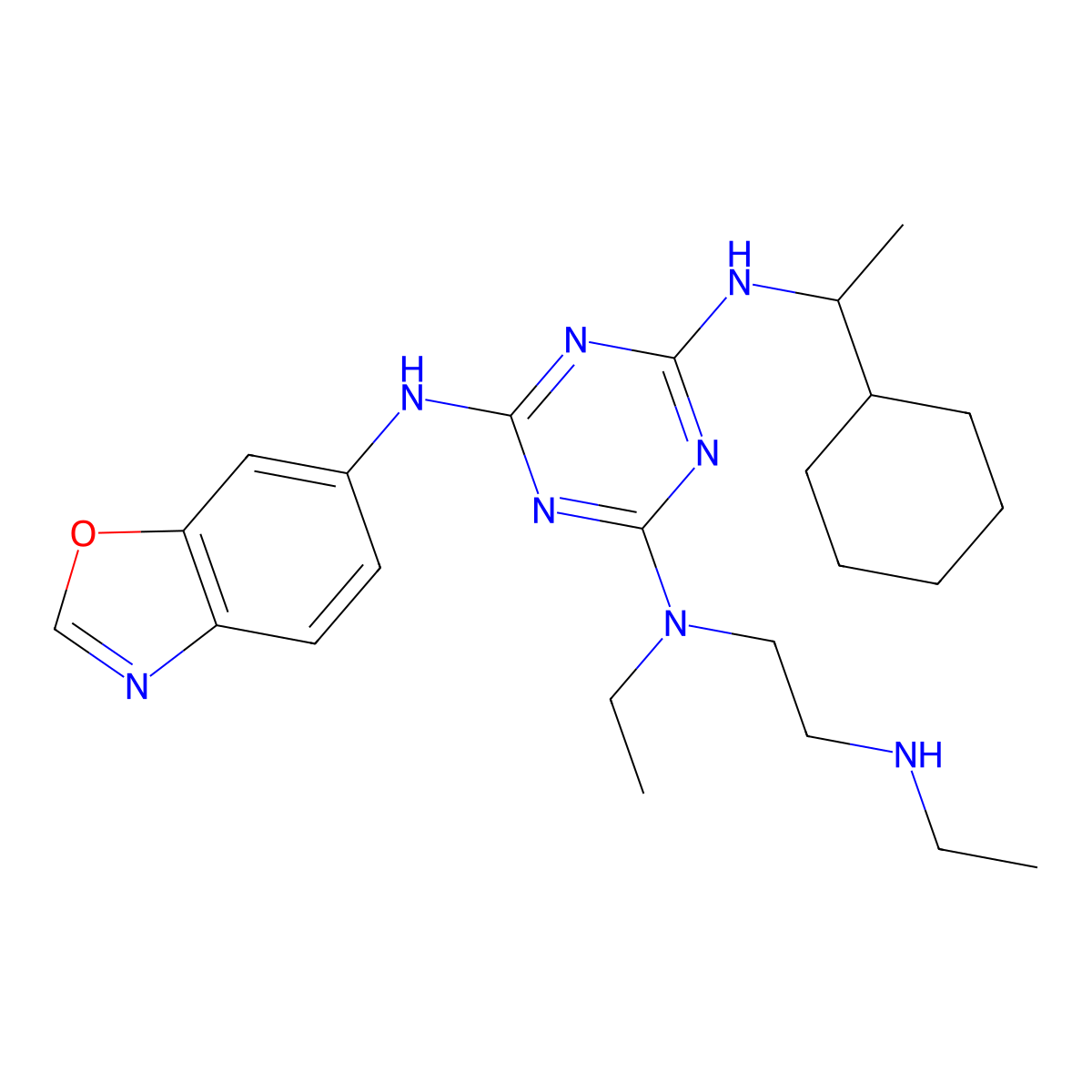 (S)-N2-(Benzo[d]oxazol-6-yl)-N4-(1-cyclohexylethyl)-N6-ethyl-N6-(2-(ethylamino)ethyl)-1,3,5-triazine-2,4,6-triamine molecular structure, CAS 1456891-34-1