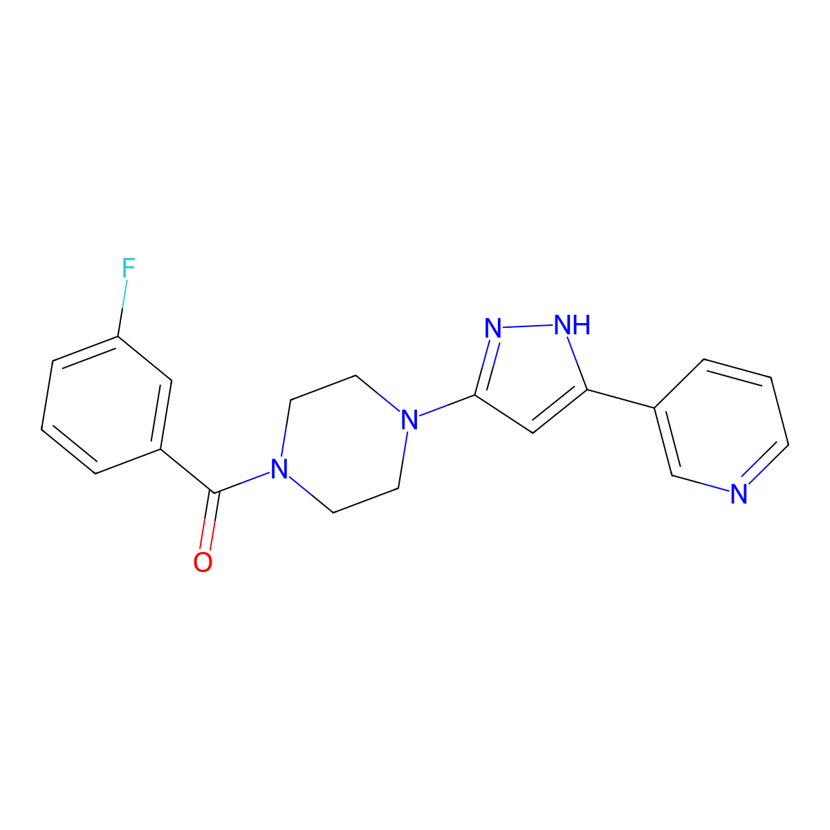 (3-fluorophenyl)(4-(3-(pyridin-3-yl)-1H-pyrazol-5-yl)piperazin-1-yl)methanone molecular structure, CAS 1456905-21-7
