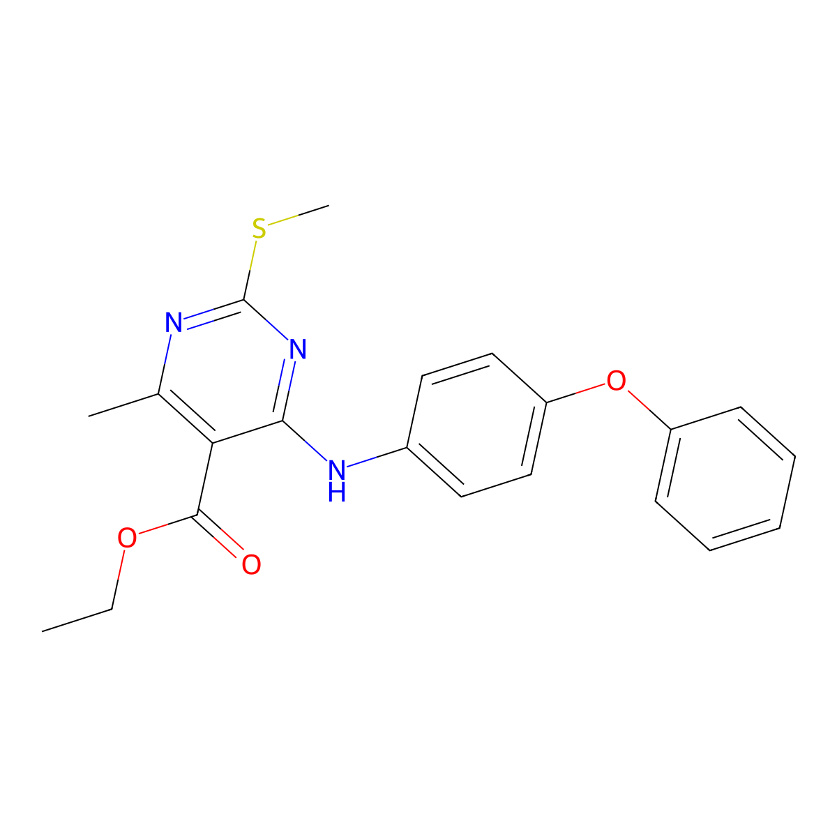 Ethyl 4-methyl-2-(methylsulfanyl)-6-[(4-phenoxyphenyl)amino]pyrimidine-5-carboxylate molecular structure, CAS 1457983-64-0