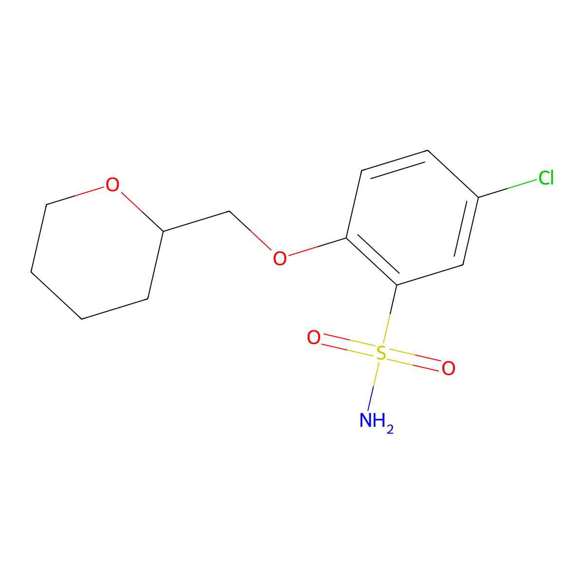 5-Chloro-2-(oxan-2-ylmethoxy)benzene-1-sulfonamide molecular structure, CAS 1458174-70-3