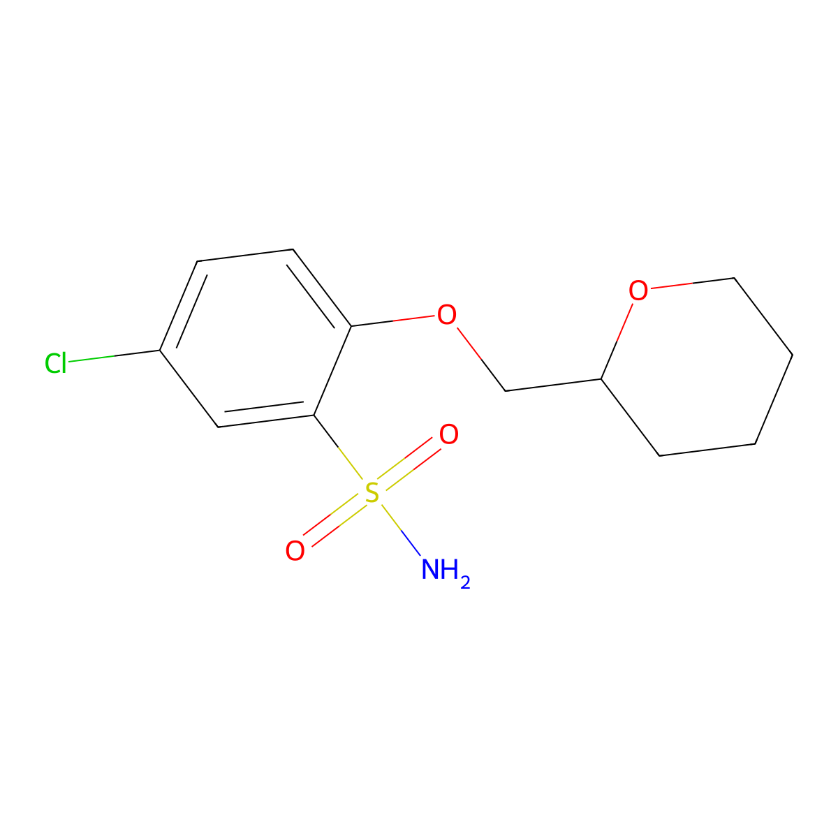 5-Chloro-2-(oxan-2-ylmethoxy)benzene-1-sulfonamide molecular structure, CAS 1458174-70-3