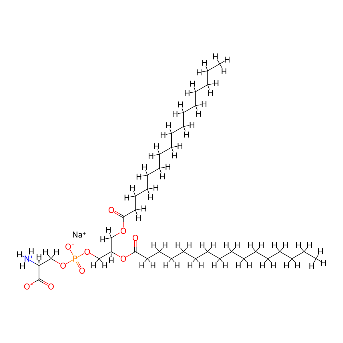 Sodium (2S,8R)-2-azaniumyl-8-(hexadecanoyloxy)-5-oxido-5,11-dioxo-4,6,10-trioxa-5lambda~5~-phosphahexacosan-1-oate molecular structure, CAS 145849-32-7