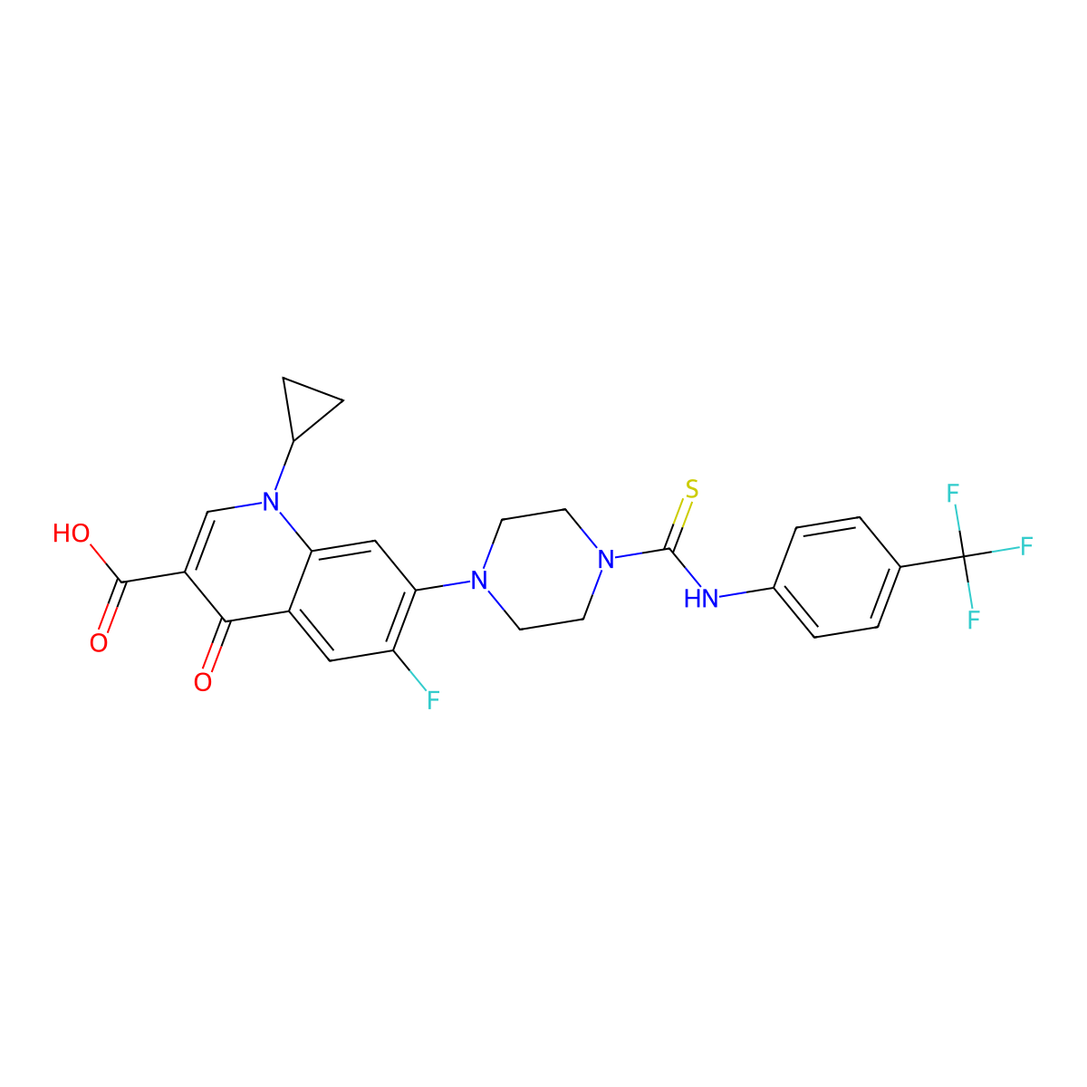 1-Cyclopropyl-6-fluoro-4-oxo-7-[4-[[4-(trifluoromethyl)phenyl]carbamothioyl]piperazin-1-yl]quinoline-3-carboxylic acid molecular structure, CAS 1458674-25-3