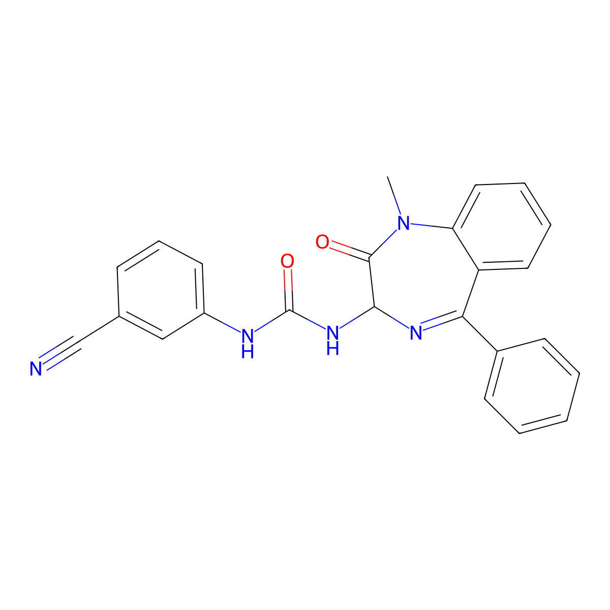 1-(3-Cyano-phenyl)-3-(1-methyl-2-oxo-5-phenyl-2,3-dihydro-1H-benzo[e][1,4]diazepin-3-yl)-urea molecular structure, CAS 145878-00-8