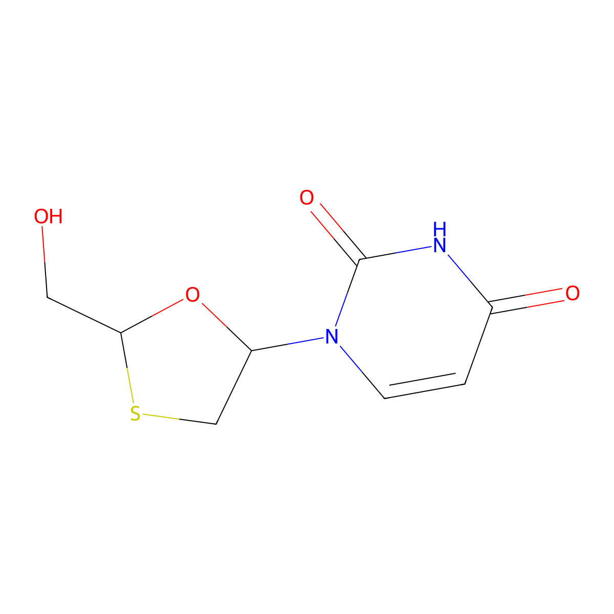 1-(2-(Hydroxymethyl)-1,3-oxathiolan-5-yl)pyrimidine-2,4(1H,3H)-dione, (2R,5S)- molecular structure, CAS 145986-07-8