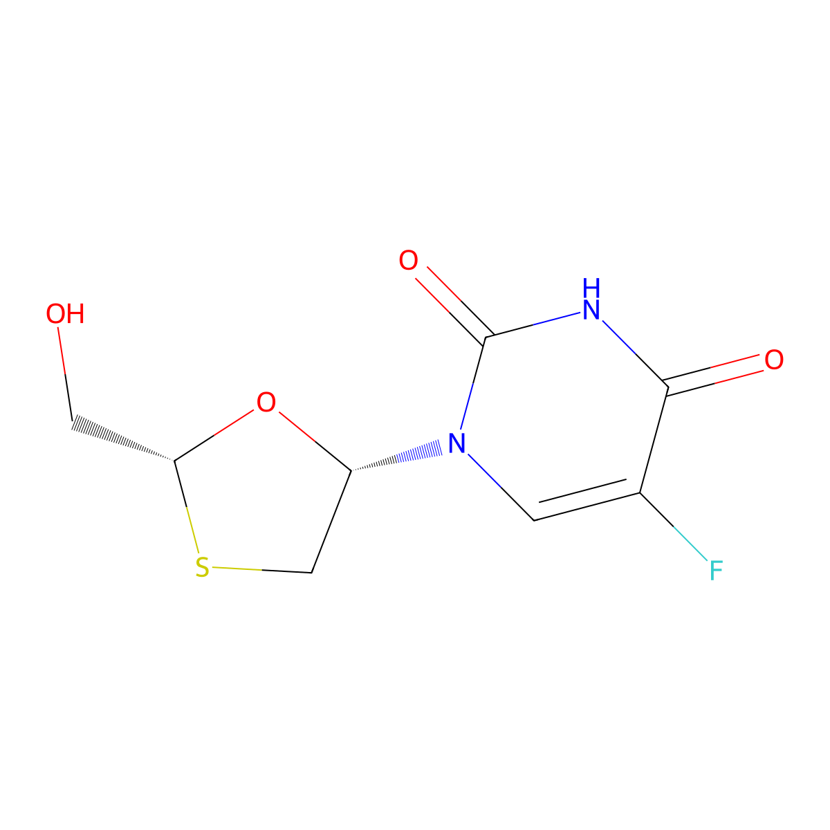 1-((2R,5S)-2-(Hydroxymethyl-1,3-oxathiolan-5-yl)-5-fluoropyrimidine-2,4(1H,3H)-dione molecular structure, CAS 145986-11-4