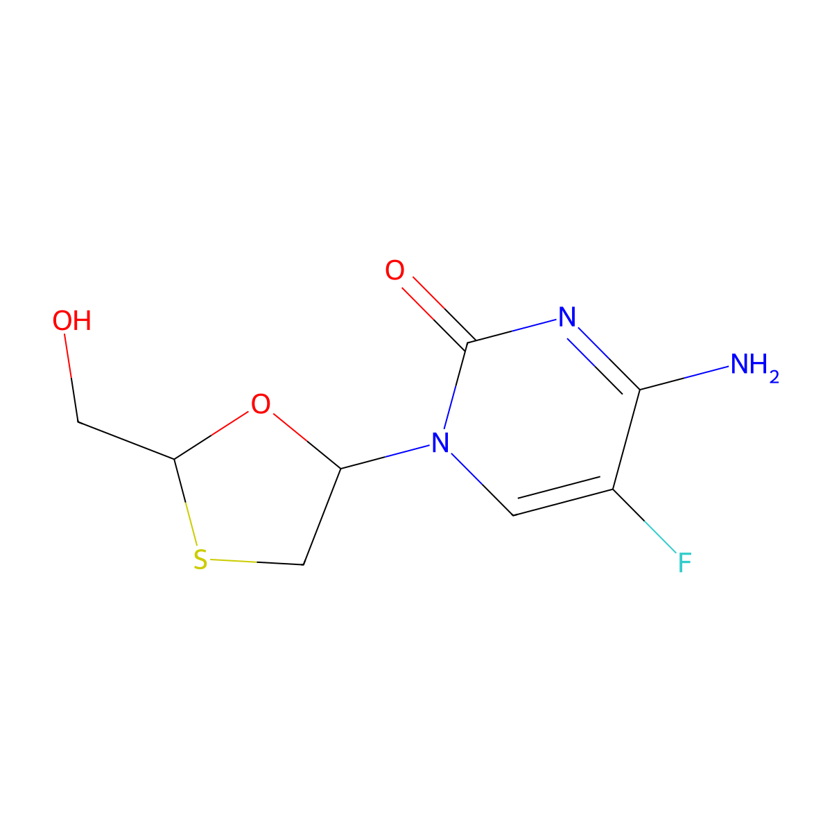 alpha-L-(+)-(2R,5R)-5-Fluoro-1-(2-(hydroxymethyl)-1,3-oxathiolan-5-yl)cytosine molecular structure, CAS 145986-26-1