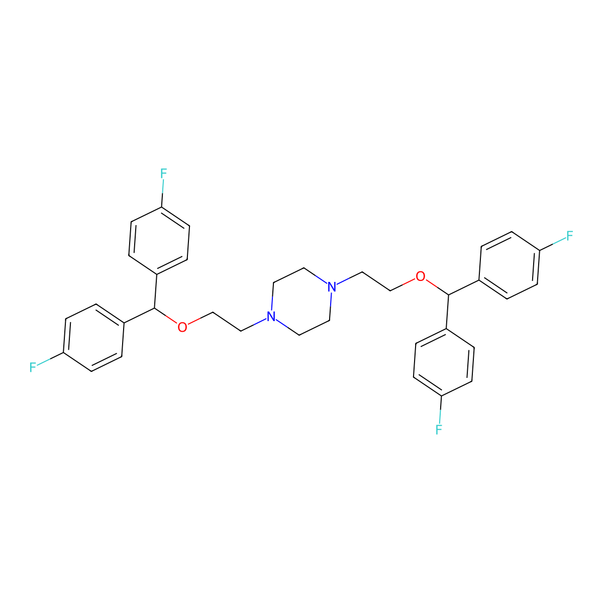 1,4-Bis[2-[bis(4-fluorophenyl)methoxy]ethyl]piperazine molecular structure, CAS 146030-35-5