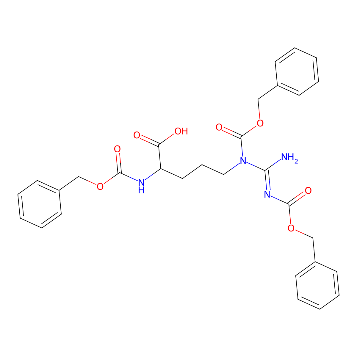2-(phenylmethoxycarbonylamino)-5-[phenylmethoxycarbonyl-(N'-phenylmethoxycarbonylcarbamimidoyl)amino]pentanoic acid molecular structure, CAS 14611-34-8