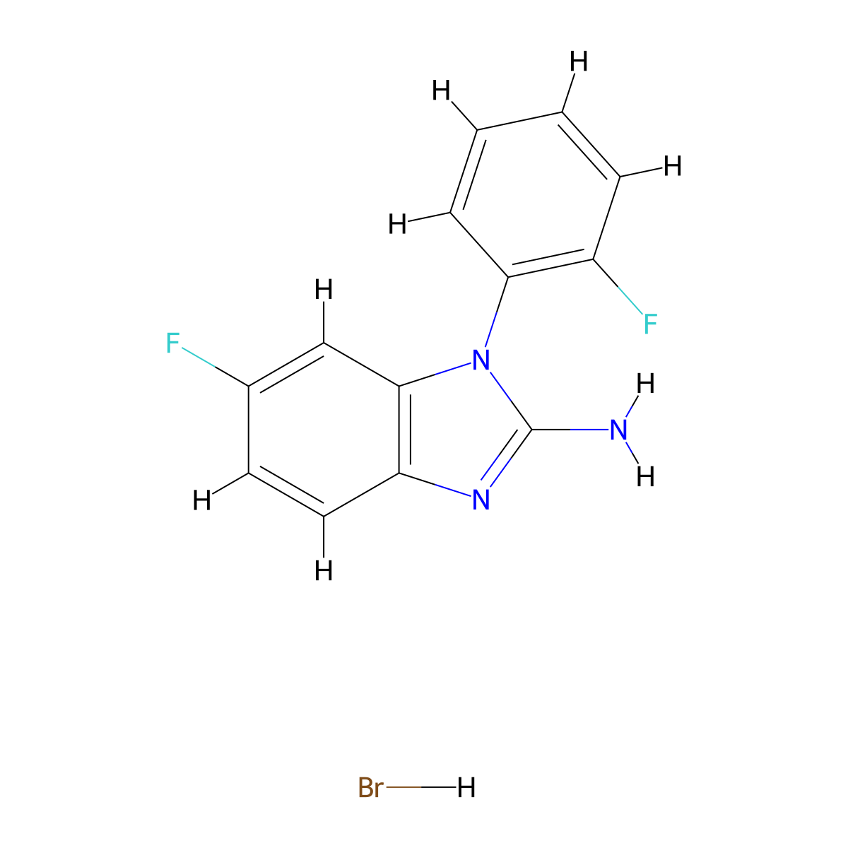 6-fluoro-1-(2-fluorophenyl)-1H-1,3-benzodiazol-2-amine hydrobromide molecular structure, CAS 1461706-65-9