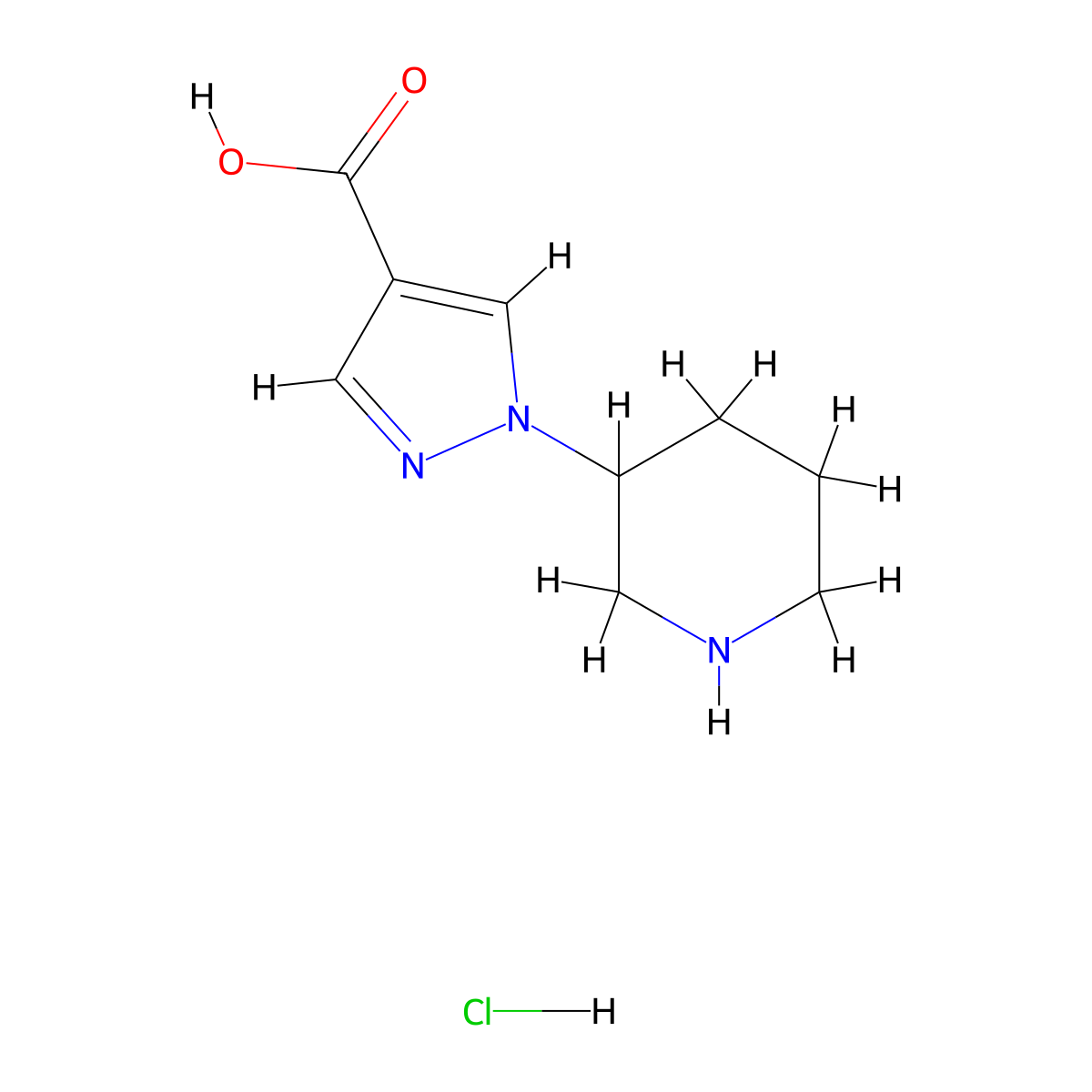 1-(piperidin-3-yl)-1H-pyrazole-4-carboxylic acid hydrochloride molecular structure, CAS 1461706-96-6