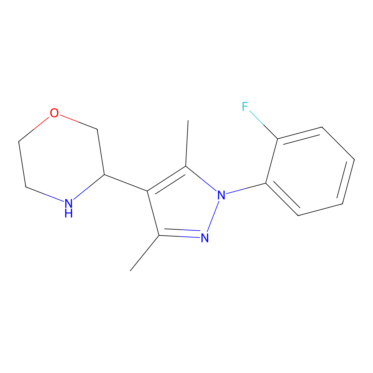 3-(1-(2-fluorophenyl)-3,5-dimethyl-1H-pyrazol-4-yl)morpholine molecular structure, CAS 1461707-34-5