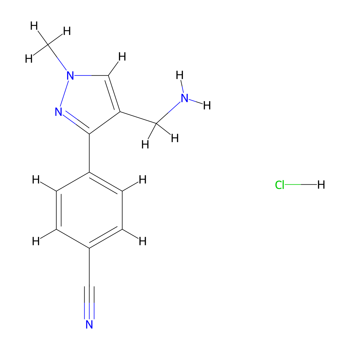4-[4-(aminomethyl)-1-methyl-1H-pyrazol-3-yl]benzonitrile hydrochloride molecular structure, CAS 1461707-38-9