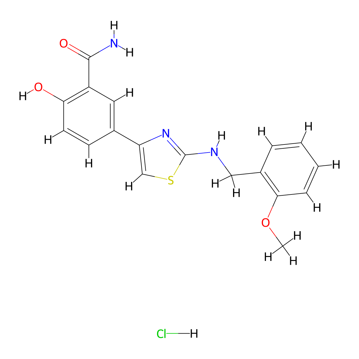 2-Hydroxy-5-(2-{[(2-methoxyphenyl)methyl]amino}-1,3-thiazol-4-yl)benzamide hydrochloride molecular structure, CAS 1461708-03-1
