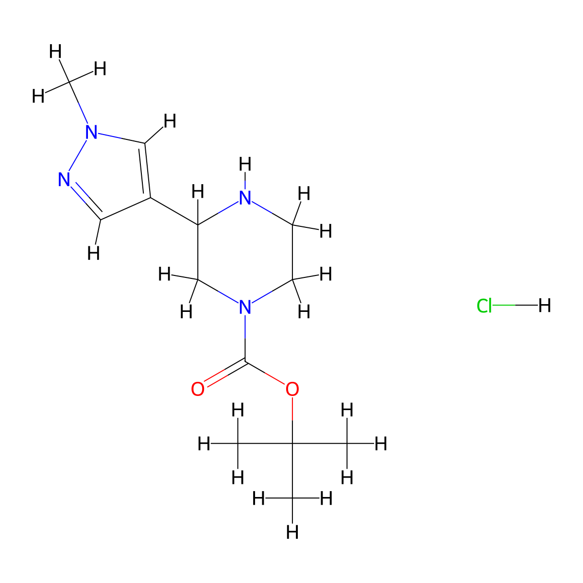 tert-butyl 3-(1-methyl-1H-pyrazol-4-yl)piperazine-1-carboxylate hydrochloride molecular structure, CAS 1461708-59-7