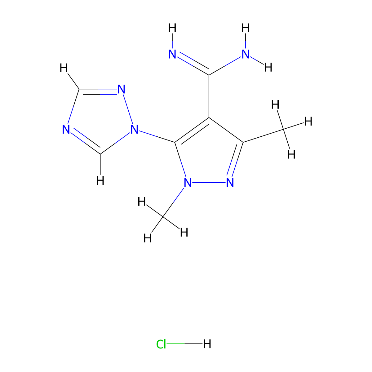 1,3-dimethyl-5-(1H-1,2,4-triazol-1-yl)-1H-pyrazole-4-carboximidamide hydrochloride molecular structure, CAS 1461709-25-0