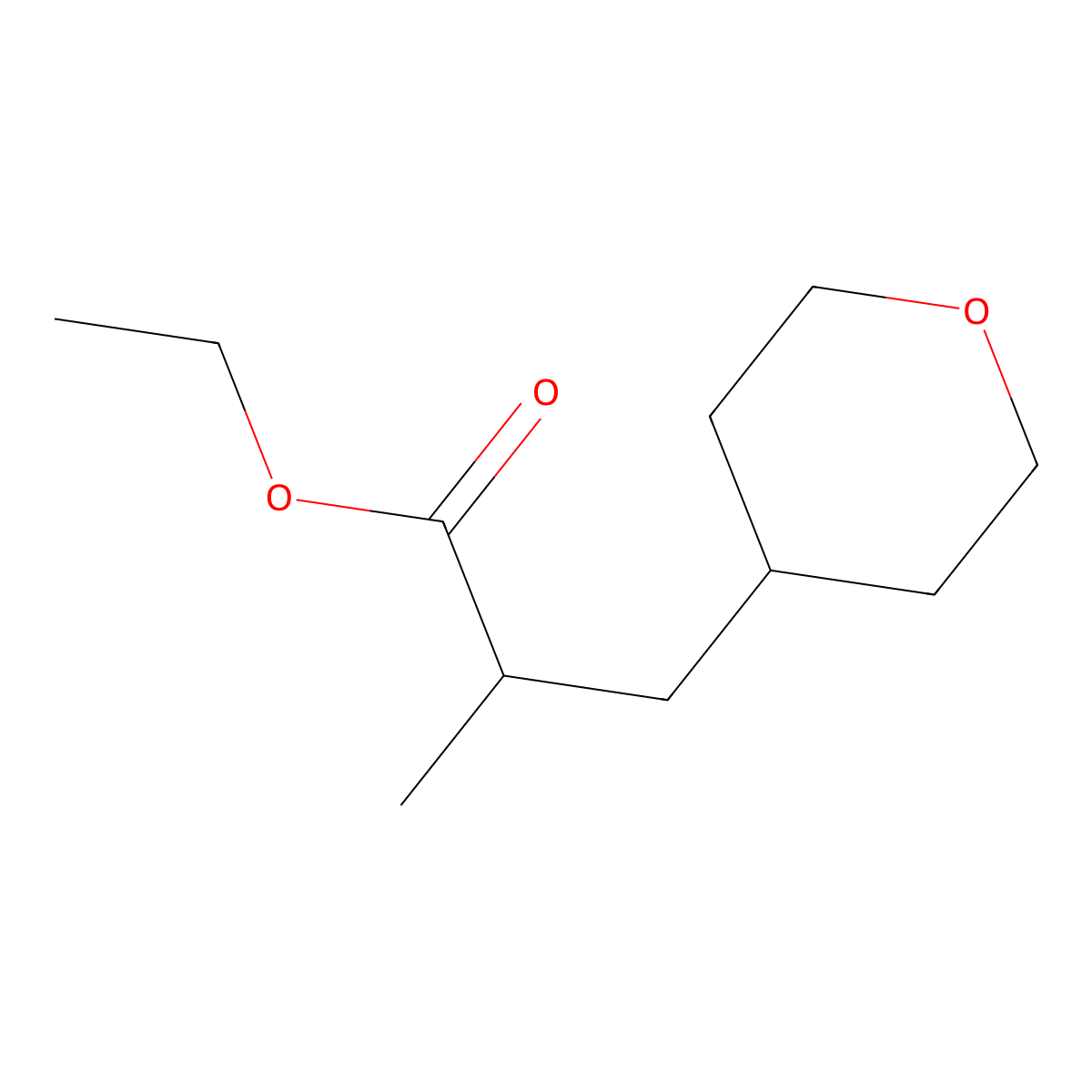 Ethyl 2-methyl-3-(oxan-4-yl)propanoate molecular structure, CAS 1461715-33-2