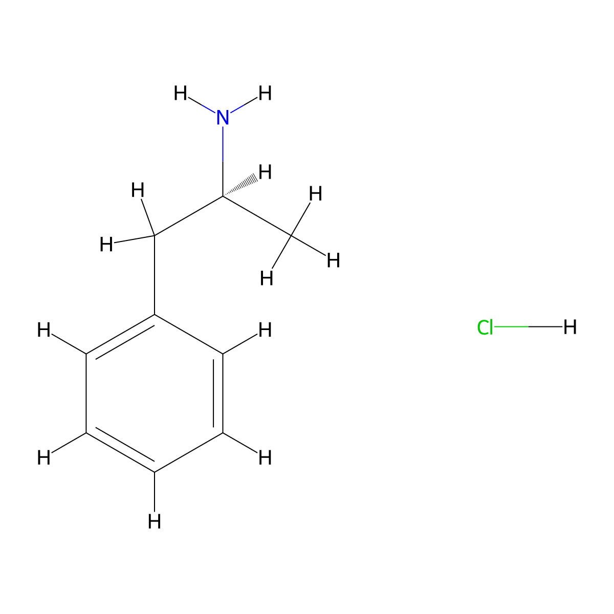 Dextroamphetamine hydrochloride molecular structure, CAS 1462-73-3