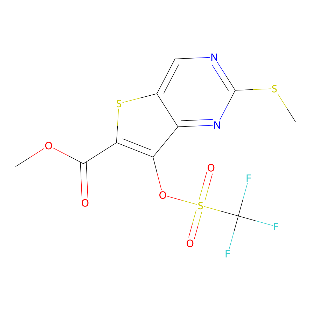 Methyl 2-(methylsulfanyl)-7-{[(trifluoromethyl)sulfonyl]oxy}thieno[3,2-d]pyrimidine-6-carboxylate molecular structure, CAS 1462949-85-4