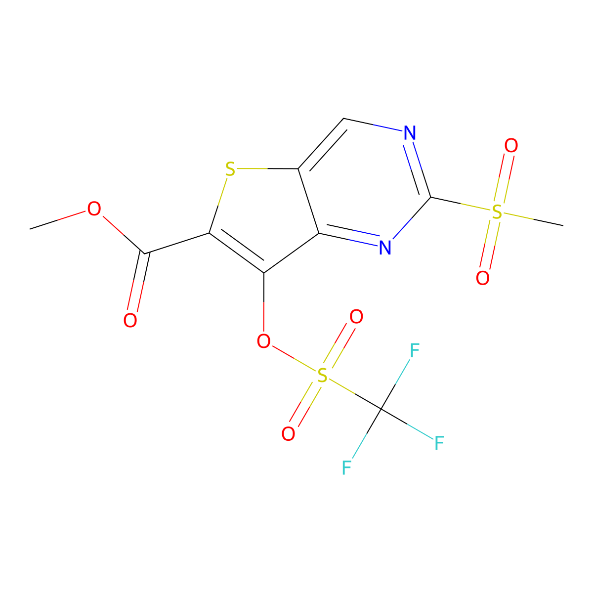 Methyl 2-(methylsulfonyl)-7-(((trifluoromethyl)sulfonyl)oxy)thieno[3,2-D]pyrimidine-6-carboxylate molecular structure, CAS 1462949-86-5