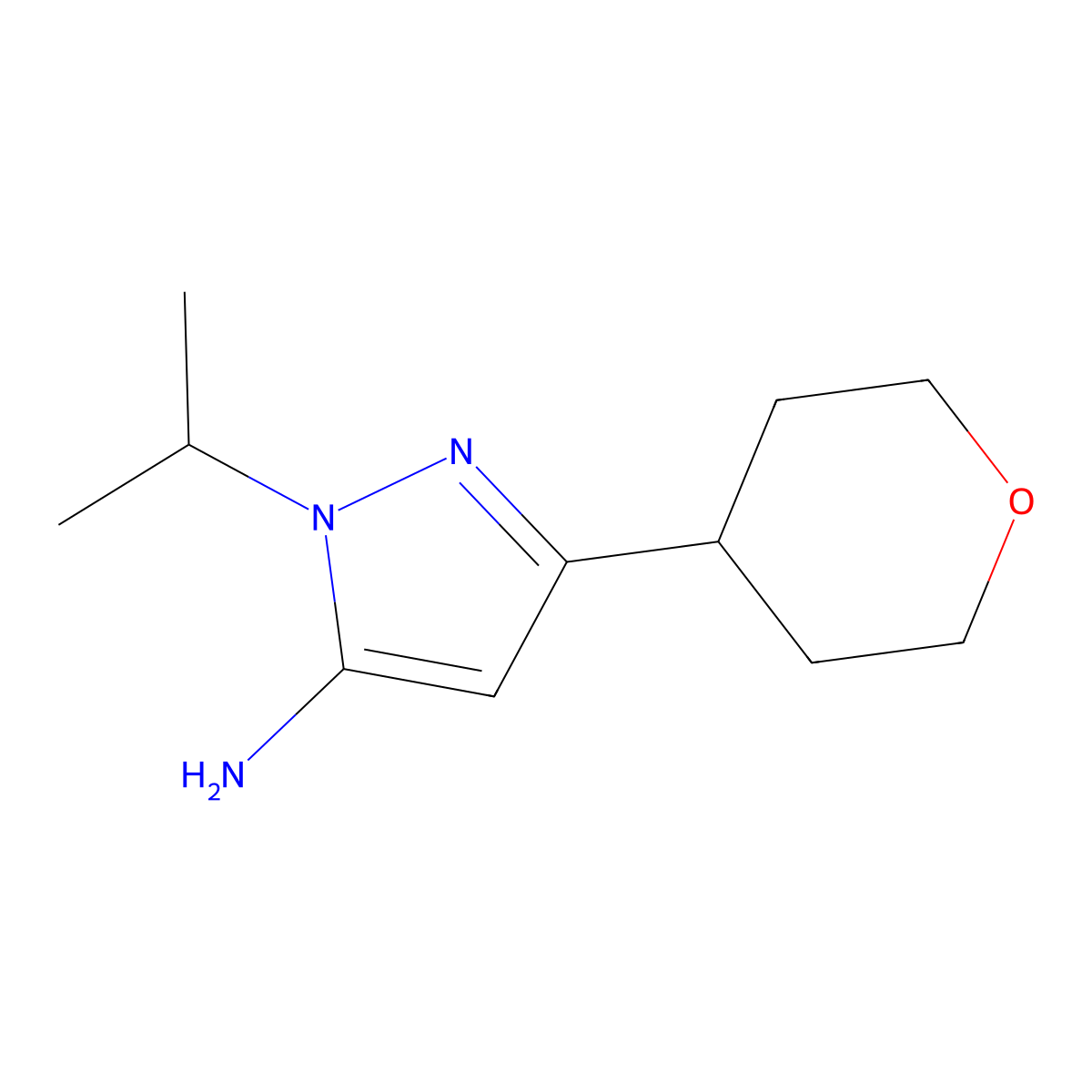 1-(propan-2-yl)-3-(tetrahydro-2H-pyran-4-yl)-1H-pyrazol-5-amine molecular structure, CAS 1462951-35-4