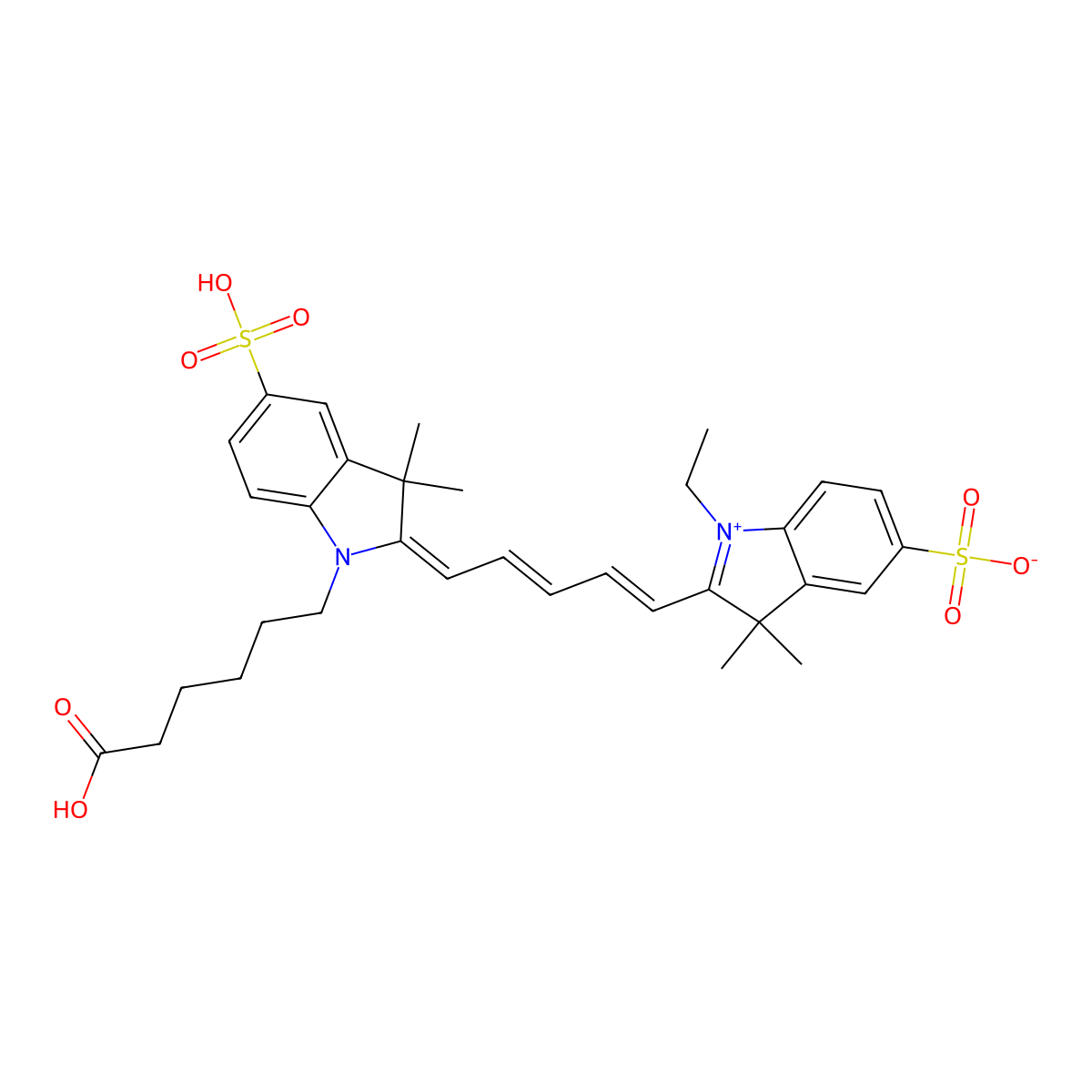 3H-Indolium, 2-[5-[1-(5-carboxypentyl)-1,3-dihydro-3,3-dimethyl-5-sulfo-2H-indol-2-ylidene]-1,3-pentadien-1-yl]-1-ethyl-3,3-dimethyl-5-sulfo-, inner salt molecular structure, CAS 146368-11-8