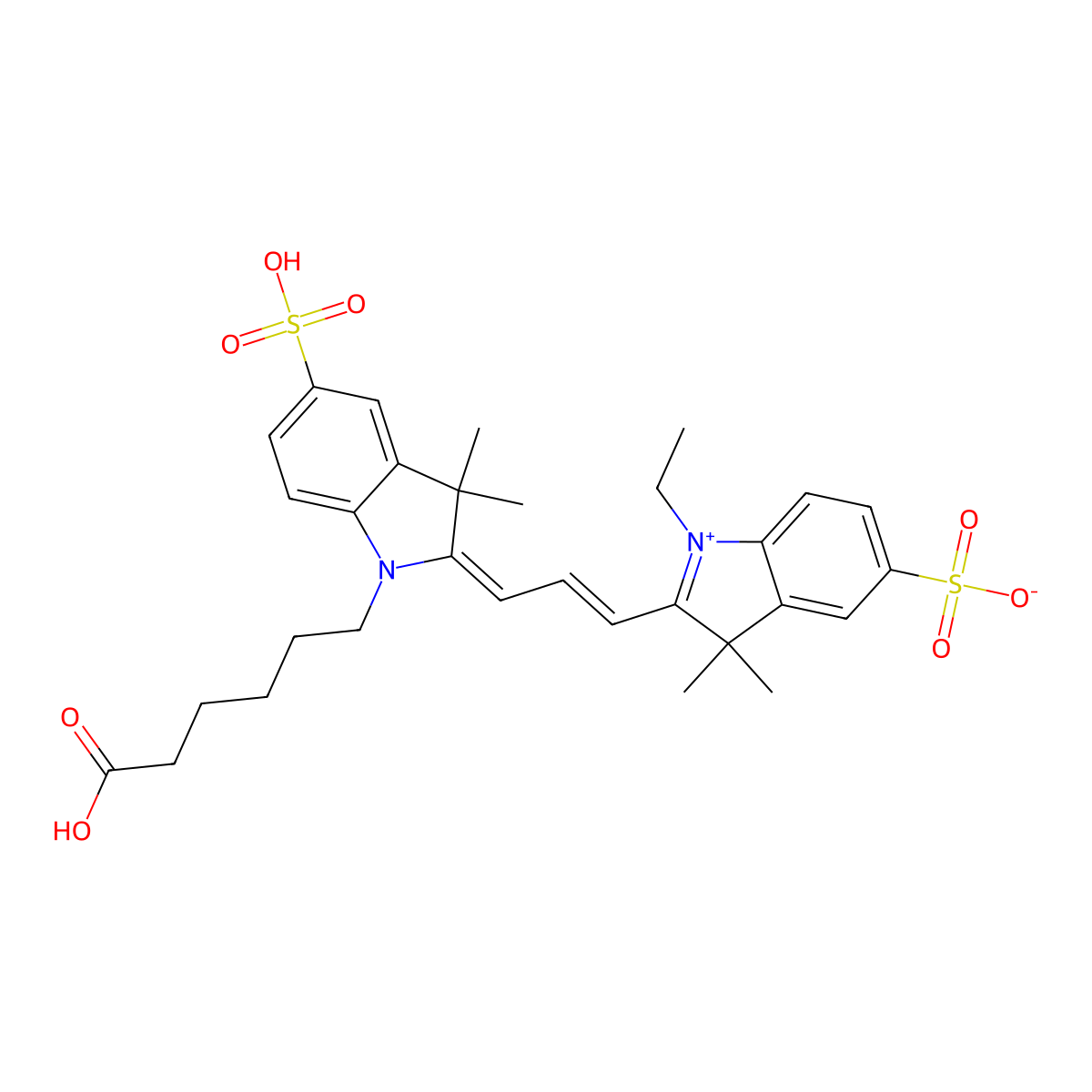 2-((1E,3E)-3-(1-(5-carboxypentyl)-3,3-dimethyl-5-sulfoindolin-2-ylidene)prop-1-en-1-yl)-1-ethyl-3,3-dimethyl-3H-indol-1-ium-5-sulfonate molecular structure, CAS 146368-13-0