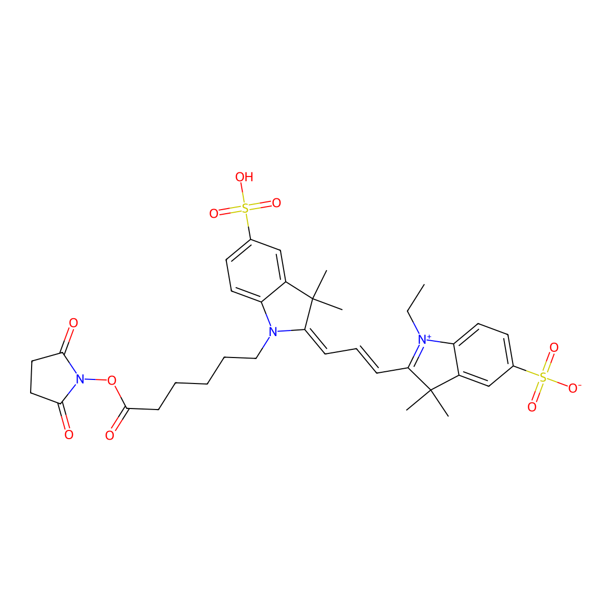 2-(3-(1-(6-((2,5-Dioxopyrrolidin-1-yl)oxy)-6-oxohexyl)-3,3-dimethyl-5-sulfoindolin-2-ylidene)prop-1-en-1-yl)-1-ethyl-3,3-dimethyl-3H-indol-1-ium-5-sulfonate molecular structure, CAS 146368-16-3