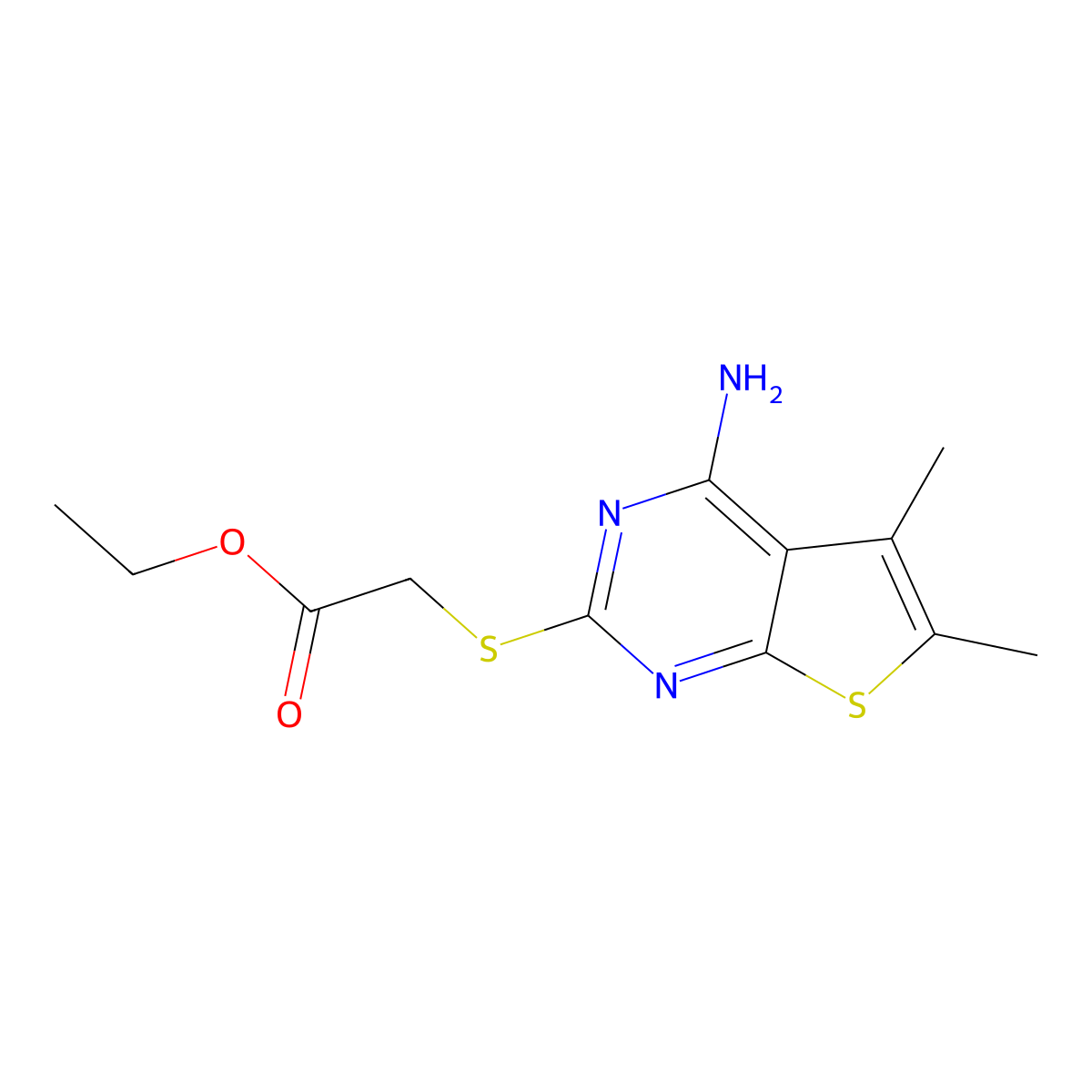 Ethyl 2-(4-amino-5,6-dimethylthiopheno[2,3-d]pyrimidin-2-ylthio)acetate molecular structure, CAS 146381-66-0