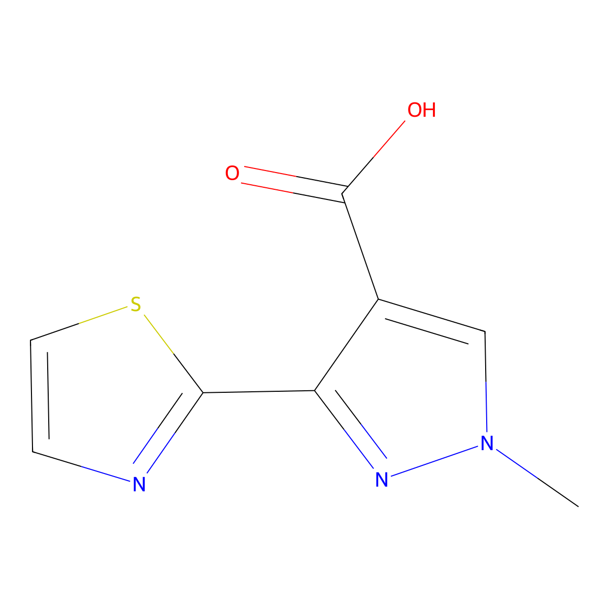 1-methyl-3-(1,3-thiazol-2-yl)-1H-pyrazole-4-carboxylic acid molecular structure, CAS 1464016-14-5