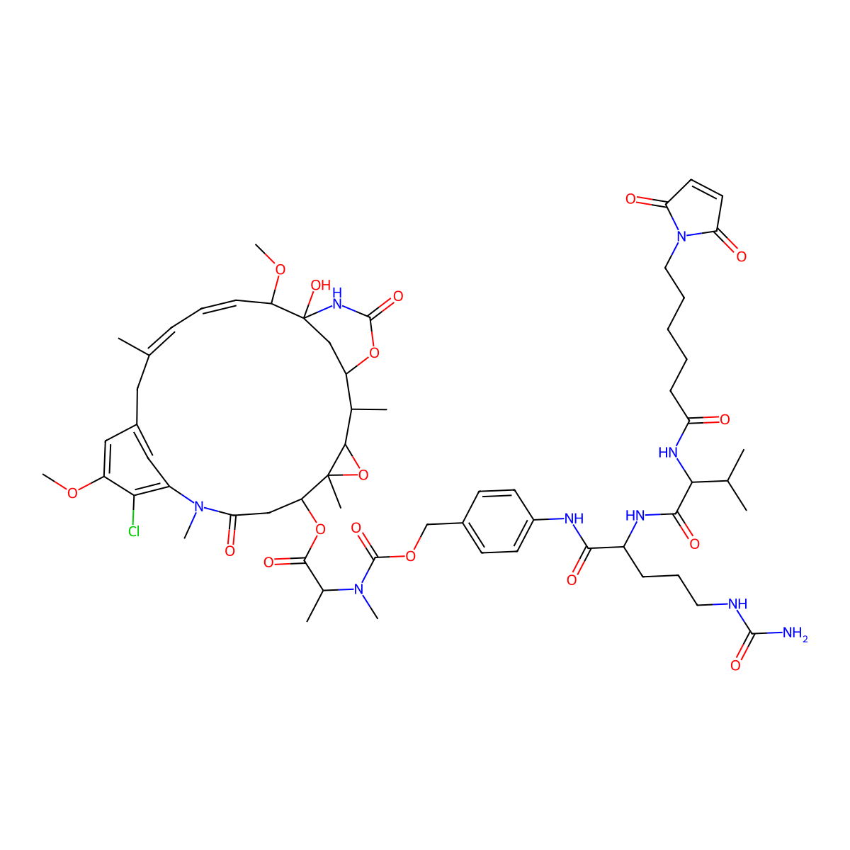 [(1S,2R,3S,5S,6S,16Z,18Z,20R,21S)-11-chloro-21-hydroxy-12,20-dimethoxy-2,5,9,16-tetramethyl-8,23-dioxo-4,24-dioxa-9,22-diazatetracyclo[19.3.1.110,14.03,5]hexacosa-10,12,14(26),16,18-pentaen-6-yl] (2S)-2-[[4-[[(2S)-5-(carbamoylamino)-2-[[(2S)-2-[6-(2,5-dioxopyrrol-1-yl)hexanoylamino]-3-methylbutanoyl]amino]pentanoyl]amino]phenyl]methoxycarbonyl-methylamino]propanoate molecular structure, CAS 1464051-44-2