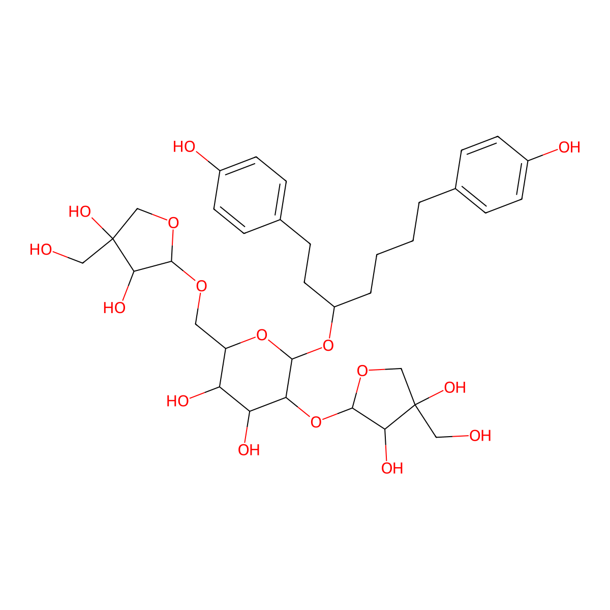 (2R,3S,4S,5R,6R)-6-[1,7-bis(4-hydroxyphenyl)heptan-3-yloxy]-5-[(2S,3R,4R)-3,4-dihydroxy-4-(hydroxymethyl)oxolan-2-yl]oxy-2-[[(2S,3R,4R)-3,4-dihydroxy-4-(hydroxymethyl)oxolan-2-yl]oxymethyl]oxane-3,4-diol molecular structure, CAS 146564-39-8