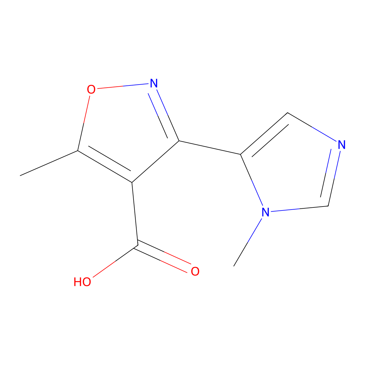 5-methyl-3-(1-methyl-1H-imidazol-5-yl)-1,2-oxazole-4-carboxylic acid molecular structure, CAS 1465879-77-9