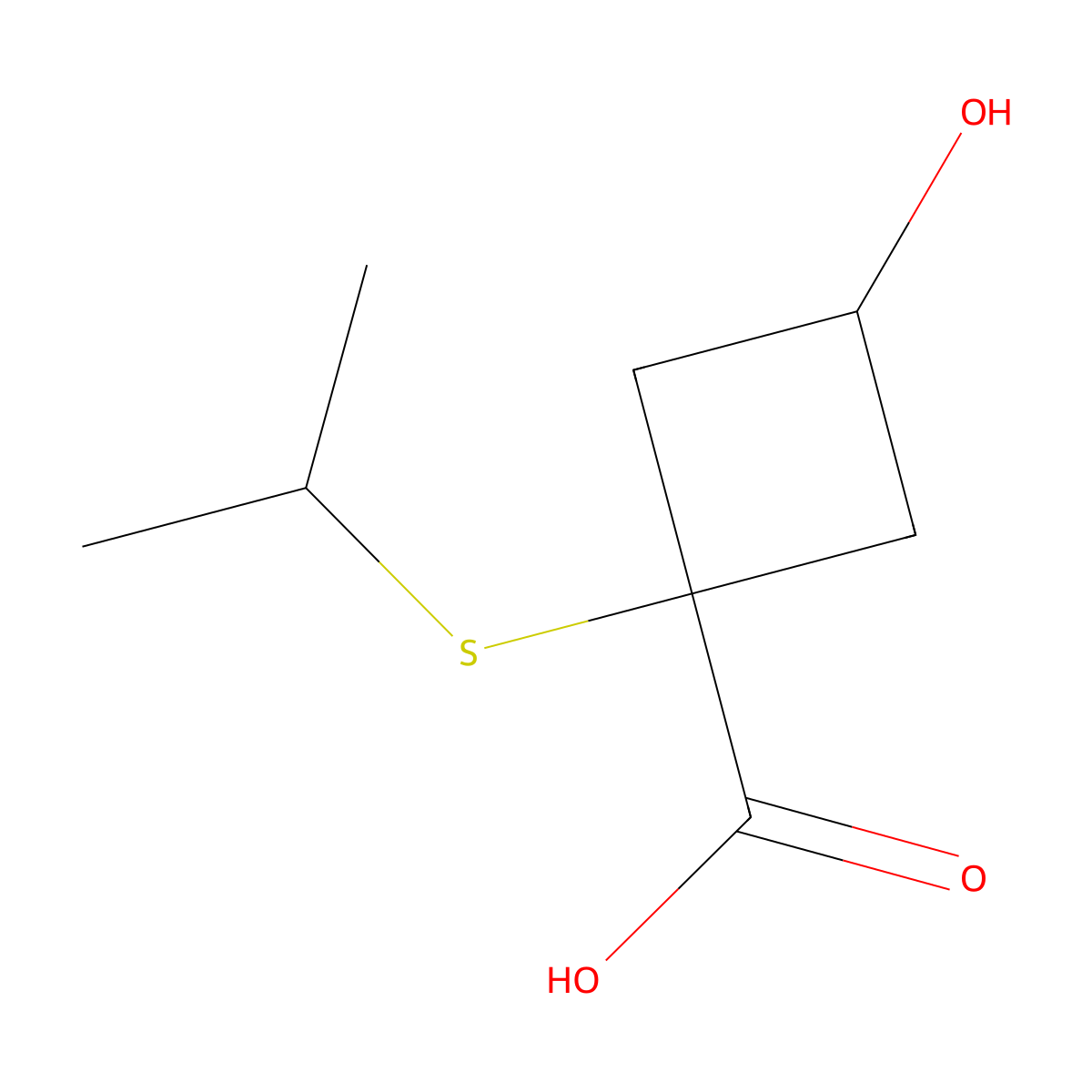 3-Hydroxy-1-(propan-2-ylsulfanyl)cyclobutane-1-carboxylic acid molecular structure, CAS 1465990-53-7