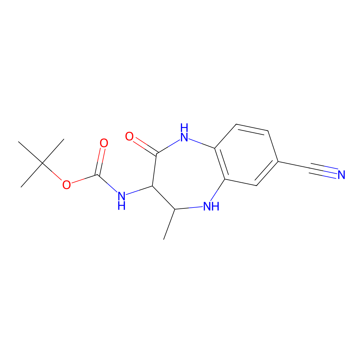 Tert-butyl ((3S,4S)-7-cyano-4-methyl-2-oxo-2,3,4,5-tetrahydro-1H-benzo[B][1,4]diazepin-3-YL)carbamate molecular structure, CAS 1466558-30-4
