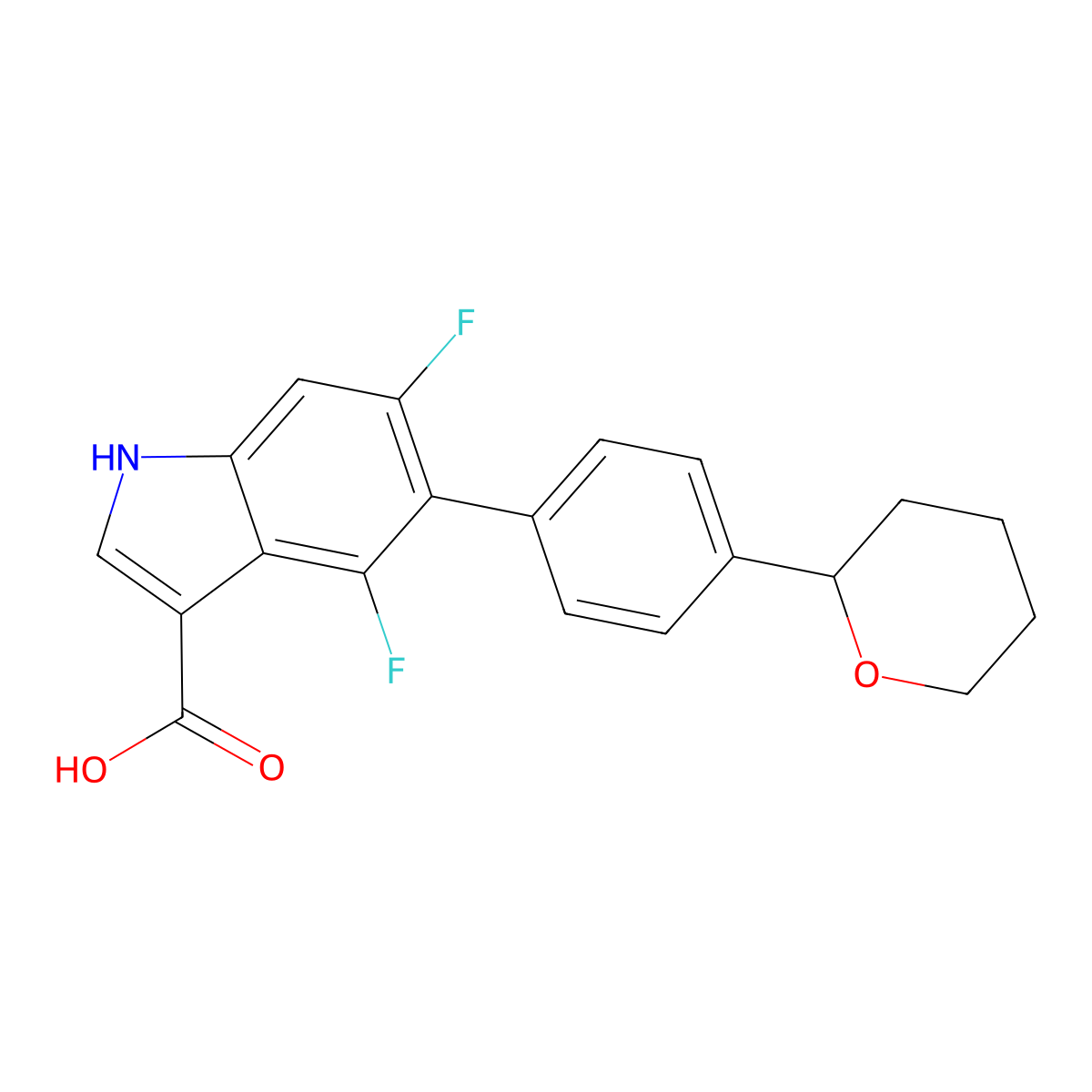 (S)-4,6-Difluoro-5-(4-(tetrahydro-2H-pyran-2-yl)phenyl)-1H-indole-3-carboxylic Acid molecular structure, CAS 1467059-66-0