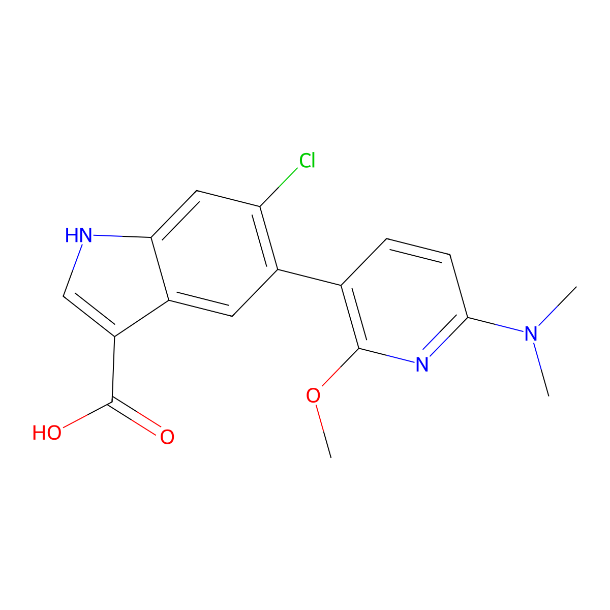 6-chloro-5-(6-(dimethylamino)-2-methoxypyridin-3-yl)-1H-indole-3-carboxylic acid molecular structure, CAS 1467059-70-6