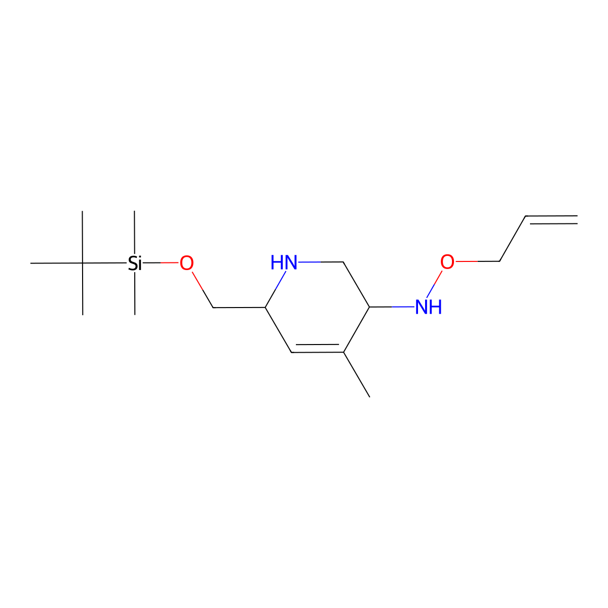 (3R,6S)-6-{[(tert-butyldimethylsilyl)oxy]methyl}-4-methyl-N-(prop-2-en-1-yloxy)-1,2,3,6-tetrahydropyridin-3-amine molecular structure, CAS 1467157-48-7
