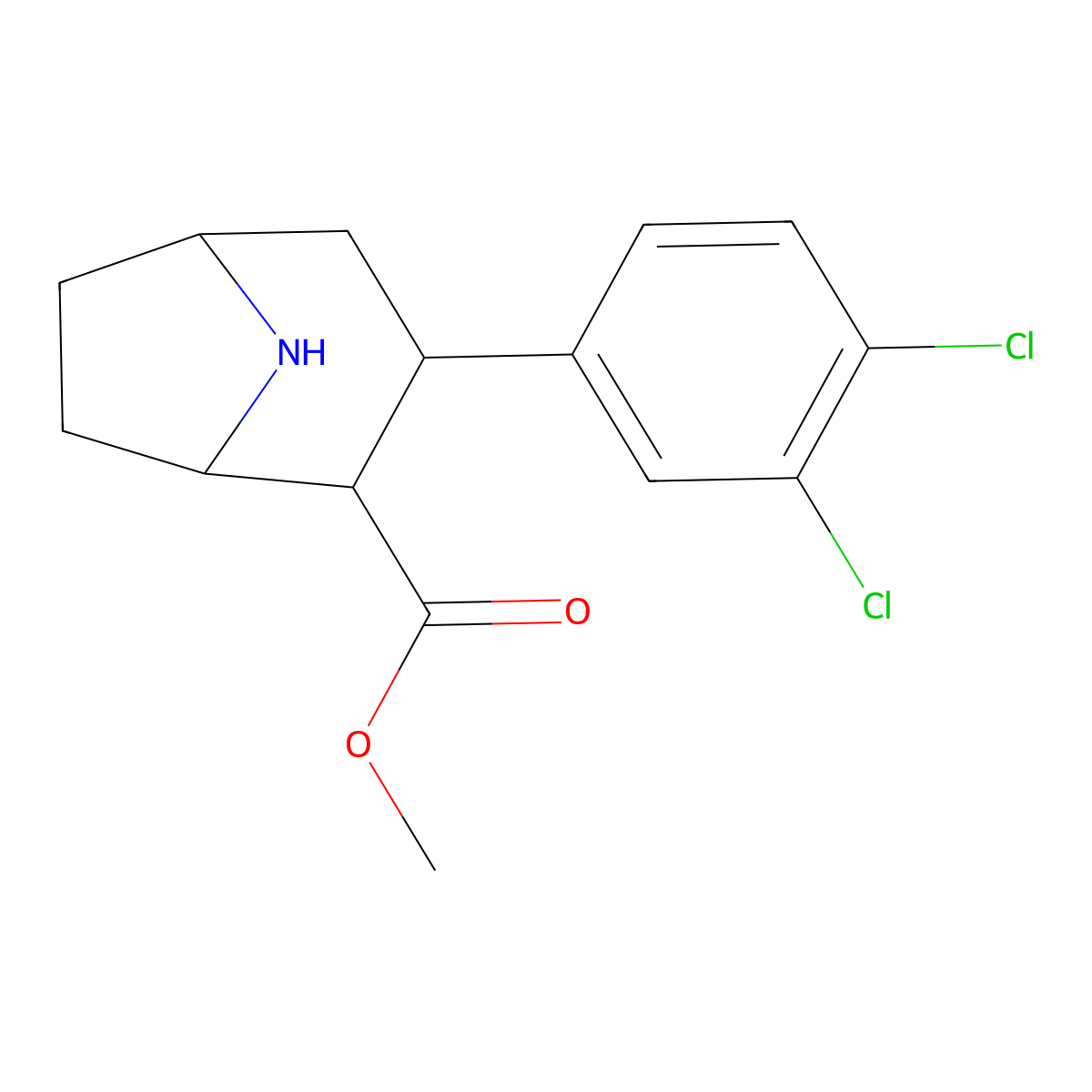 Methyl (1R,2S,3S,5S)-3-(3,4-dichlorophenyl)-8-azabicyclo(3.2.1)octane-2-carboxylate molecular structure, CAS 146725-34-0