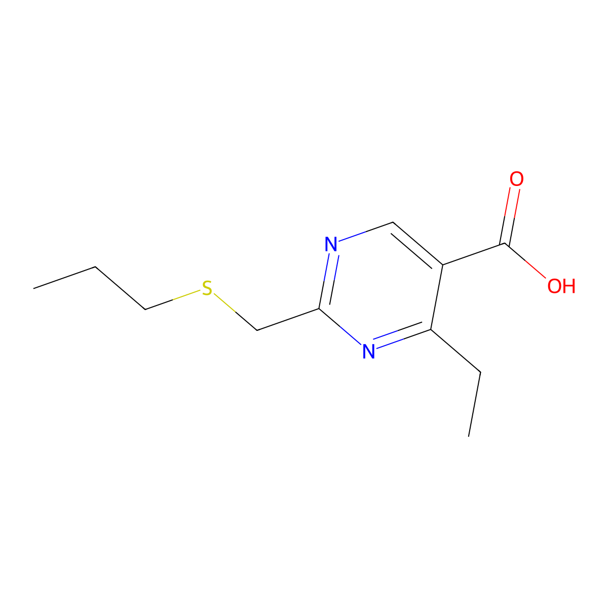 4-Ethyl-2-((propylthio)methyl)pyrimidine-5-carboxylic acid molecular structure, CAS 1467734-62-8