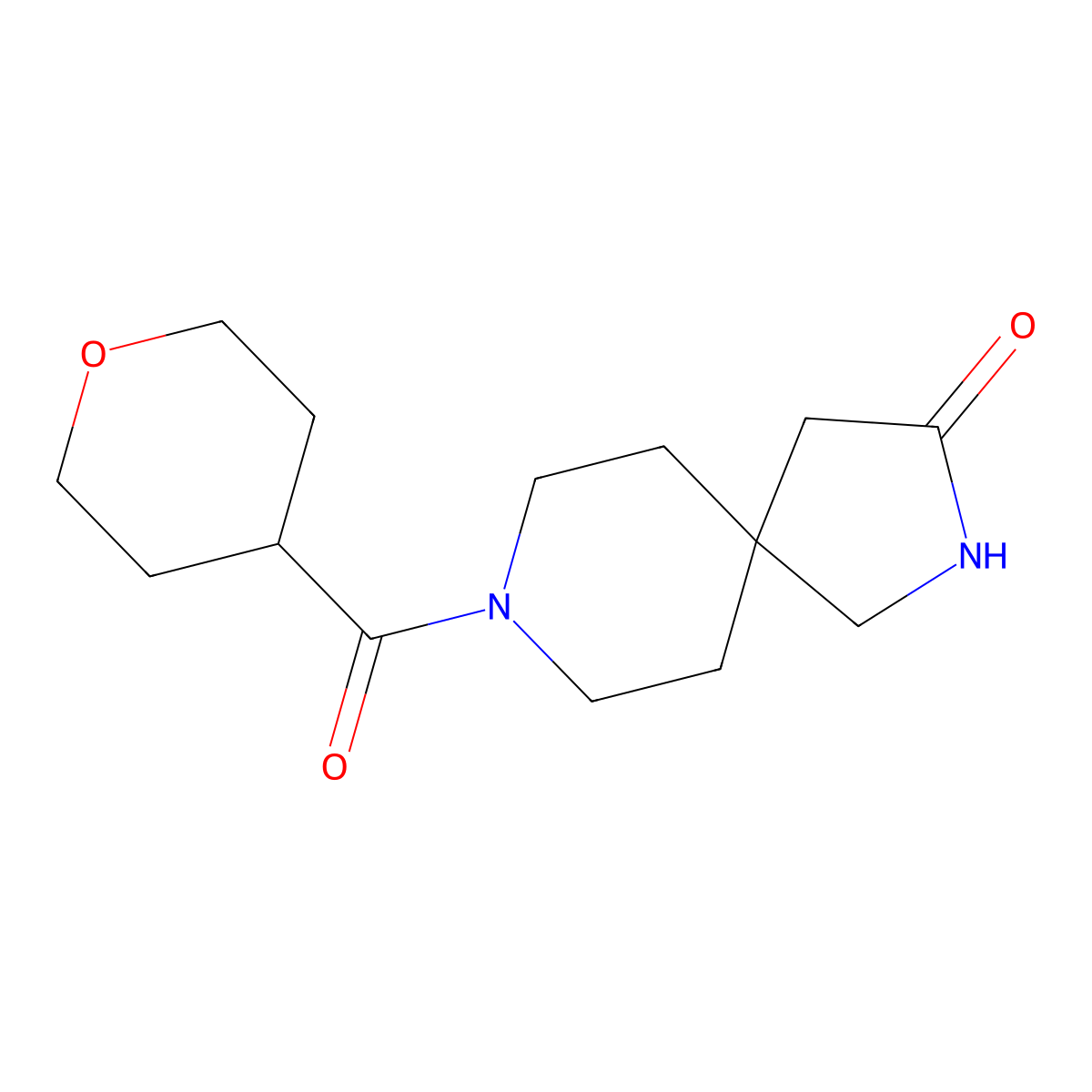 8-(Tetrahydro-2H-pyran-4-carbonyl)-2,8-diazaspiro[4.5]decan-3-one molecular structure, CAS 1467843-97-5