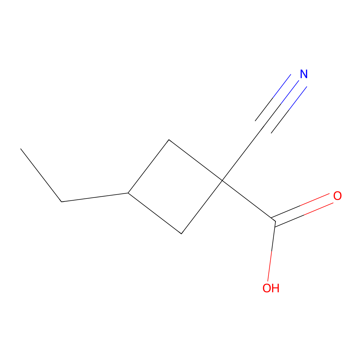 1-Cyano-3-ethylcyclobutane-1-carboxylic acid molecular structure, CAS 1468018-89-4