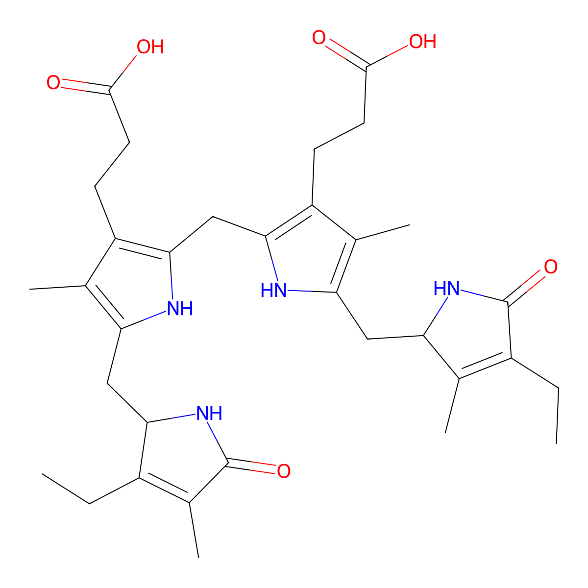 21H-Biline-8,12-dipropanoic acid, 2,17-diethyl-1,4,5,10,15,16,19,22,23,24-decahydro-3,7,13,18-tetramethyl-1,19-dioxo- molecular structure, CAS 14684-37-8