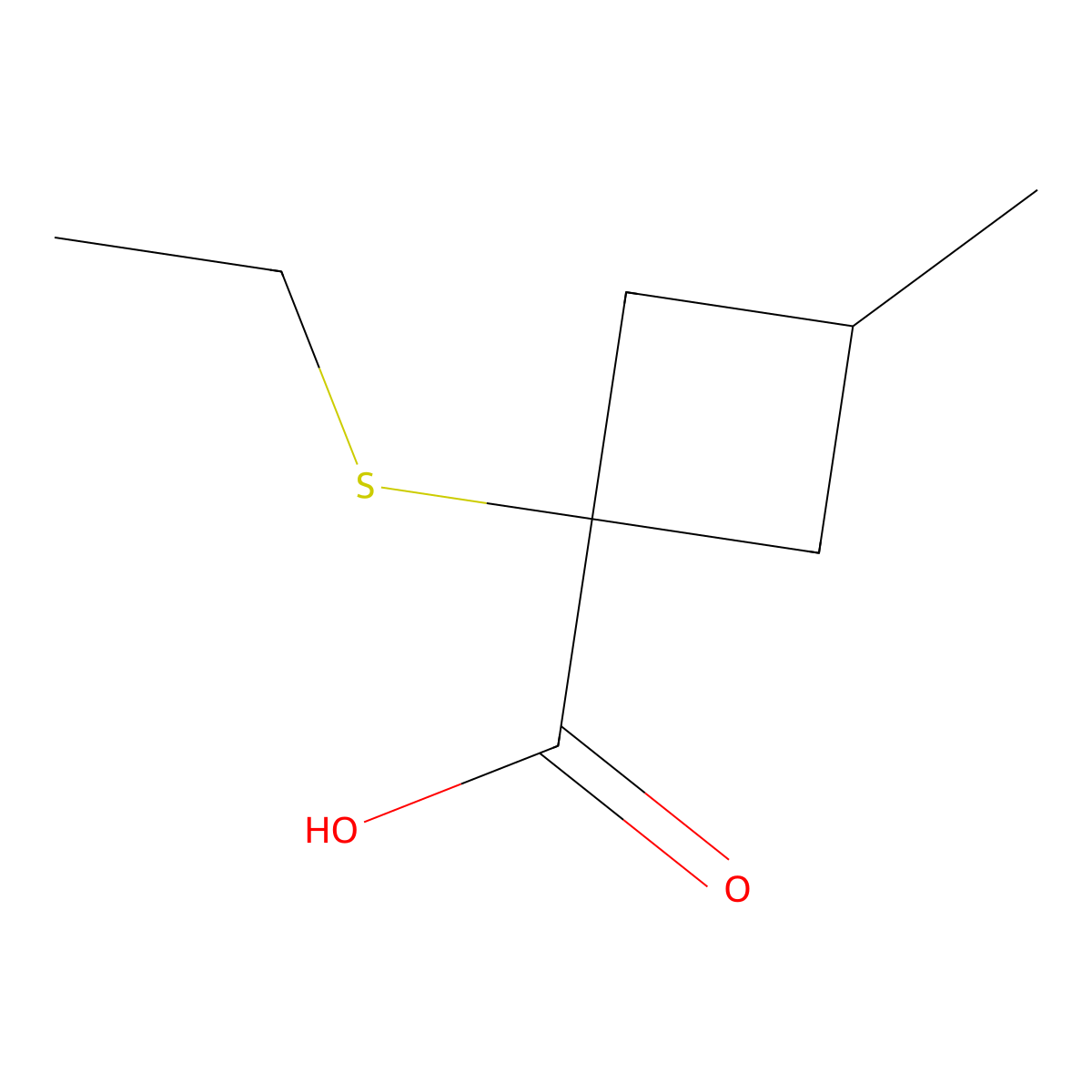 1-(Ethylsulfanyl)-3-methylcyclobutane-1-carboxylic acid molecular structure, CAS 1468630-53-6