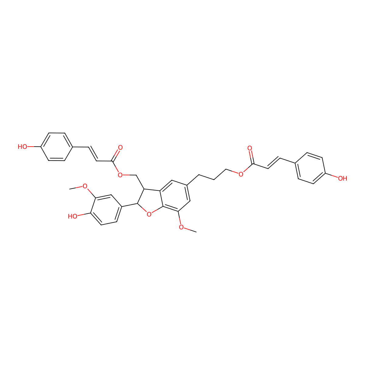 3-[2-(4-Hydroxy-3-methoxyphenyl)-3-[3-(4-hydroxyphenyl)prop-2-enoyloxymethyl]-7-methoxy-2,3-dihydro-1-benzofuran-5-yl]propyl 3-(4-hydroxyphenyl)prop-2-enoate molecular structure, CAS 146918-26-5